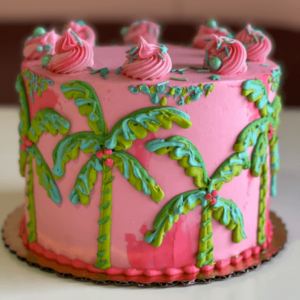 A Lily Pulitzer inspired Palm Tree Dream cake sits atop a white table. This buttercream cake is hot pink with lime green and sky blue palm trees around the cake. Small swirls of hot pink buttercream top the cakes edge with a variety of teal and green sprinkles.